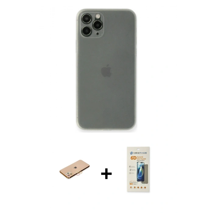MARSİLYAN™- iPhone 11 Pro Kılıf Yadigar Yansıma Serisi - Siyah 6D Mat Seramik Hayalet Nano Ekran Koruyucu + Turuncu Renkli Kamera Lens Koruma Cam