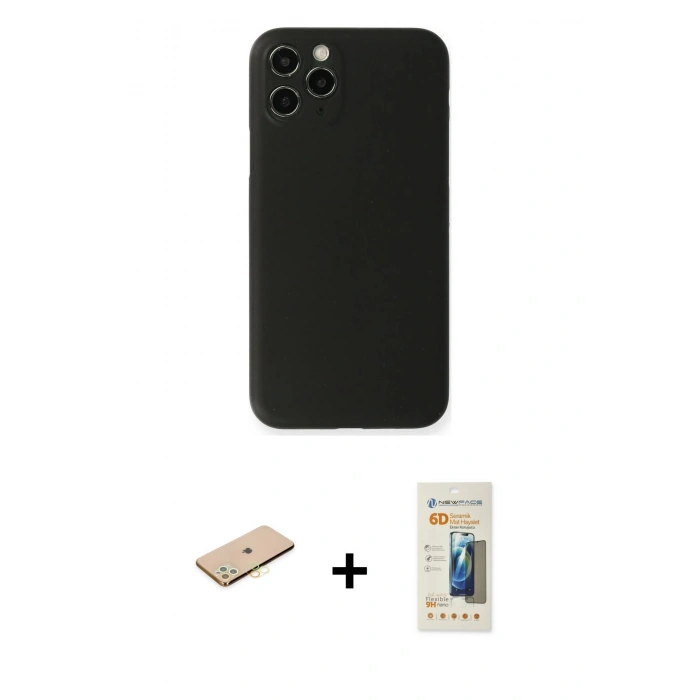 MARSİLYAN™- iPhone 11 Pro Kılıf Yadigar Yansıma Serisi - Siyah 6D Mat Seramik Hayalet Nano Ekran Koruyucu + Renkli Kamera Lens Koruma Cam - SI