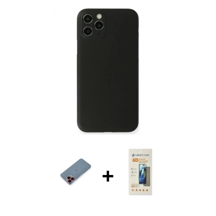 MARSİLYAN™- iPhone 11 Pro Kılıf Yadigar Yansıma Serisi - Siyah 6D Mat Seramik Hayalet Nano Ekran Koruyucu + Metal Kamera Lens Koruma Cam - KI