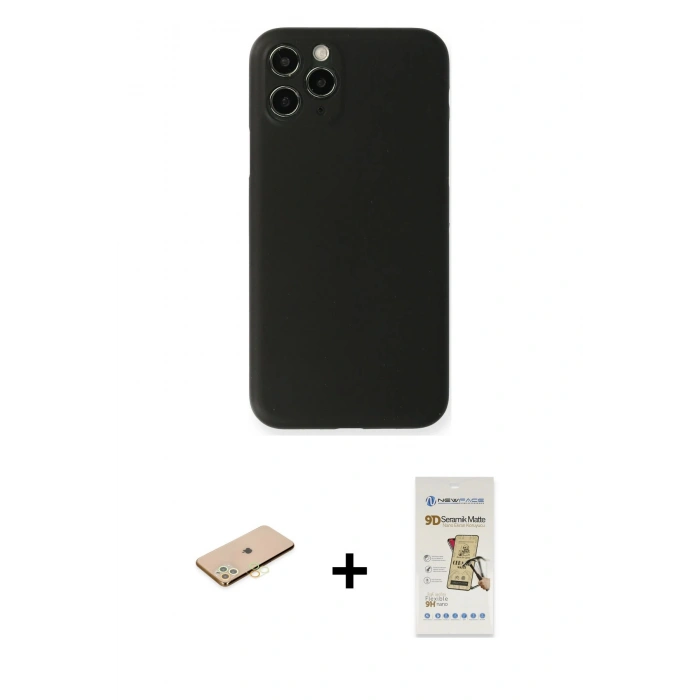 MARSİLYAN™- iPhone 11 Pro Kılıf Yadigar Yansıma Serisi - Siyah Mat Seramik Nano Ekran Koruyucu + Renkli Kamera Lens Koruma Cam - PE