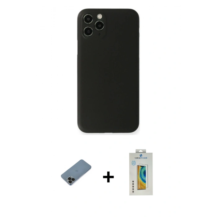 MARSİLYAN™- iPhone 11 Pro Kılıf Yadigar Yansıma Serisi - Siyah Polymer Nano Ekran Koruyucu + Siyah Shine Kamera Lens Koruma Cam