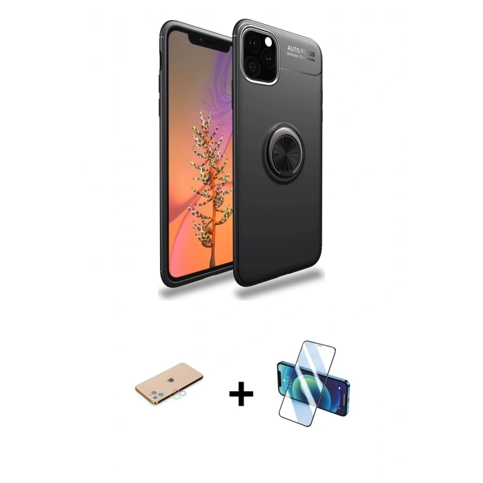 MARSİLYAN™- iPhone 11 Pro Kılıf Yankı Form Prime - Siyah 3D Antistatik Cam Ekran Koruyucu + Renkli Kamera Lens Koruma Cam - MI