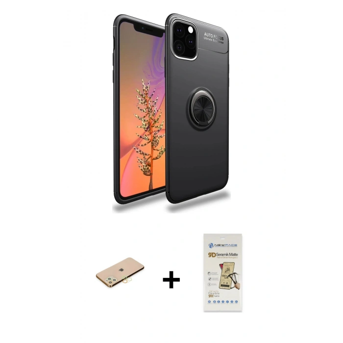 MARSİLYAN™- iPhone 11 Pro Kılıf Yankı Form Prime - Siyah Mat Seramik Nano Ekran Koruyucu + Renkli Kamera Lens Koruma Cam - PE