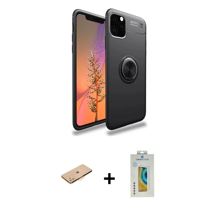 MARSİLYAN™- iPhone 11 Pro Kılıf Yankı Form Prime - Siyah Polymer Nano Ekran Koruyucu + Renkli Kamera Lens Koruma Cam - TU