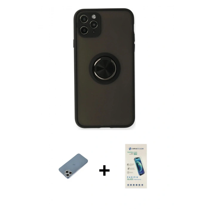 MARSİLYAN™- iPhone 11 Pro Kılıf Yörünge Çizgi - Şeffaf Pasifik Cam Ekran Koruyucu + Shine Kamera Lens Koruma Cam - GS