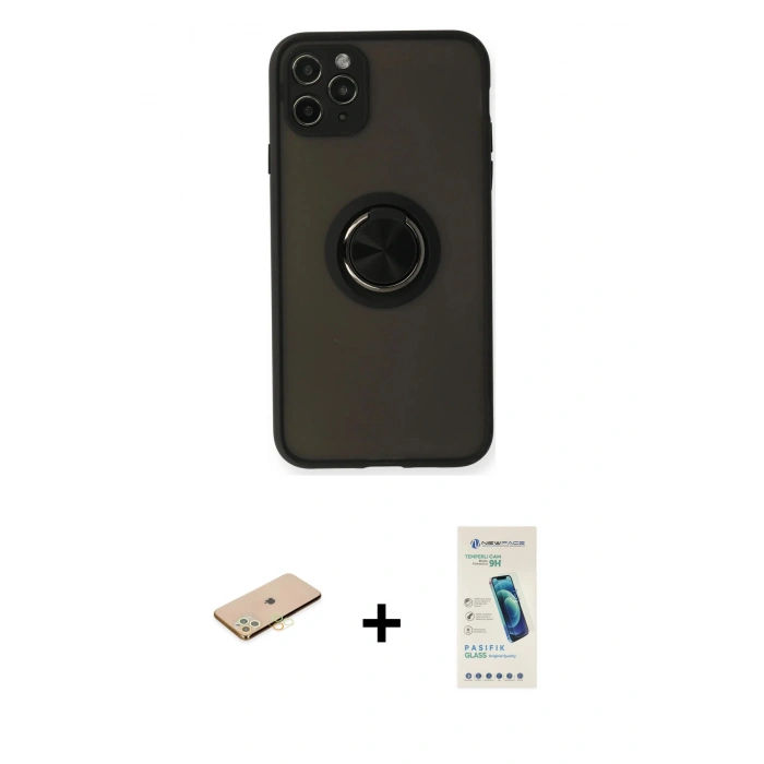 MARSİLYAN™- iPhone 11 Pro Kılıf Yörünge Çizgi - Şeffaf Pasifik Cam Ekran Koruyucu + Renkli Kamera Lens Koruma Cam - PE