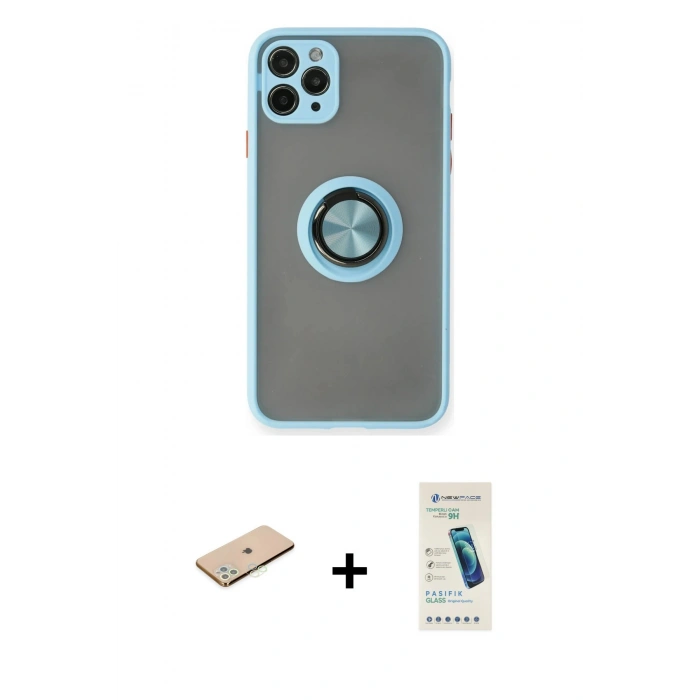 MARSİLYAN™- iPhone 11 Pro Kılıf Yörünge Çizgi - Şeffaf Pasifik Cam Ekran Koruyucu + Renkli Kamera Lens Koruma Cam - YL