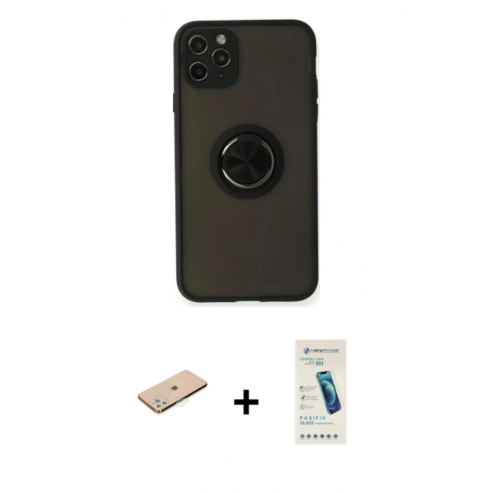MARSİLYAN™- iPhone 11 Pro Kılıf Yörünge Çizgi - Şeffaf Pasifik Cam Ekran Koruyucu + Renkli Kamera Lens Koruma Cam - YL