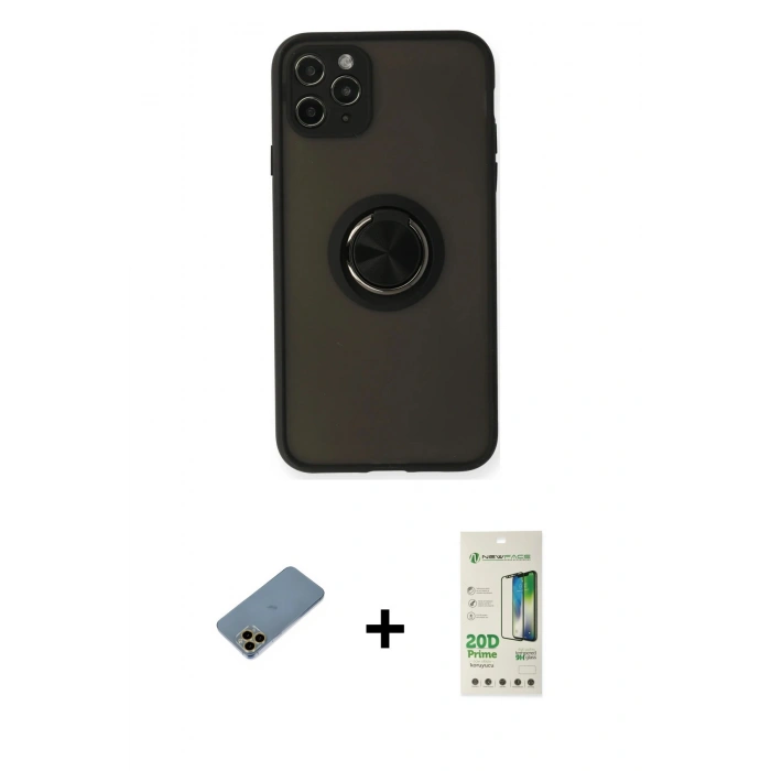 MARSİLYAN™- iPhone 11 Pro Kılıf Yörünge Çizgi - Siyah 20D Premium Cam Ekran Koruyucu + Shine Kamera Lens Koruma Cam - GD