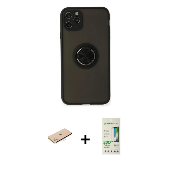 MARSİLYAN™- iPhone 11 Pro Kılıf Yörünge Çizgi - Siyah 20D Premium Cam Ekran Koruyucu + Renkli Kamera Lens Koruma Cam - MI