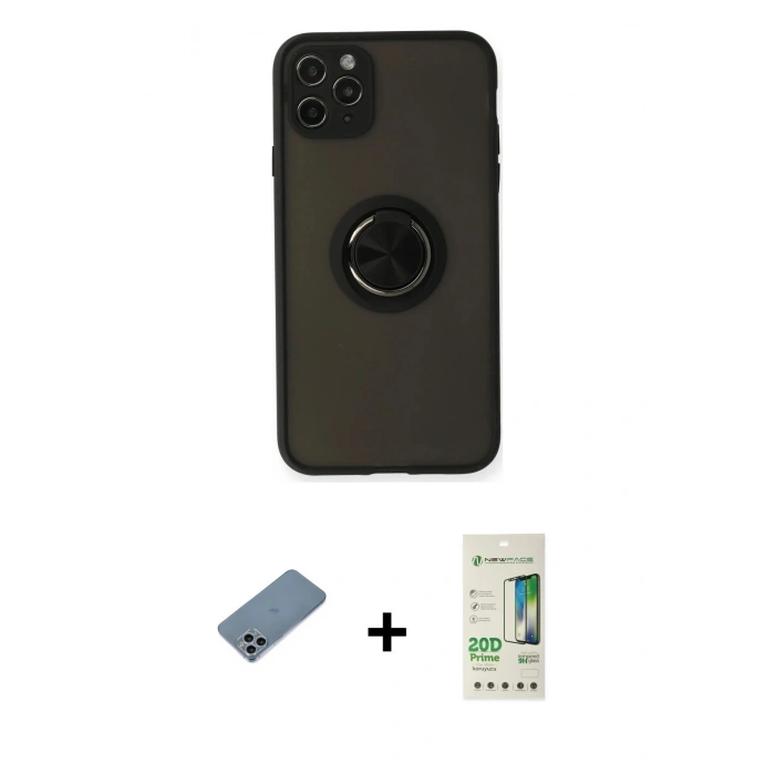 MARSİLYAN™- iPhone 11 Pro Kılıf Yörünge Çizgi - Siyah 20D Premium Cam Ekran Koruyucu + Shine Kamera Lens Koruma Cam - SABE