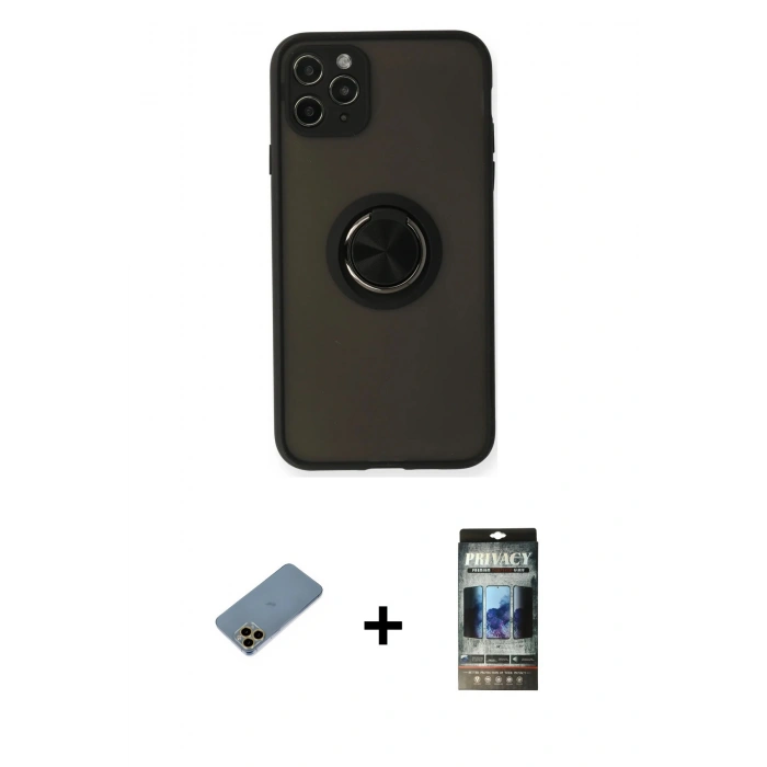 MARSİLYAN™- iPhone 11 Pro Kılıf Yörünge Çizgi - Siyah 34D Hayalet Izgaralı Cam + Shine Kamera Lens Koruma Cam - GD