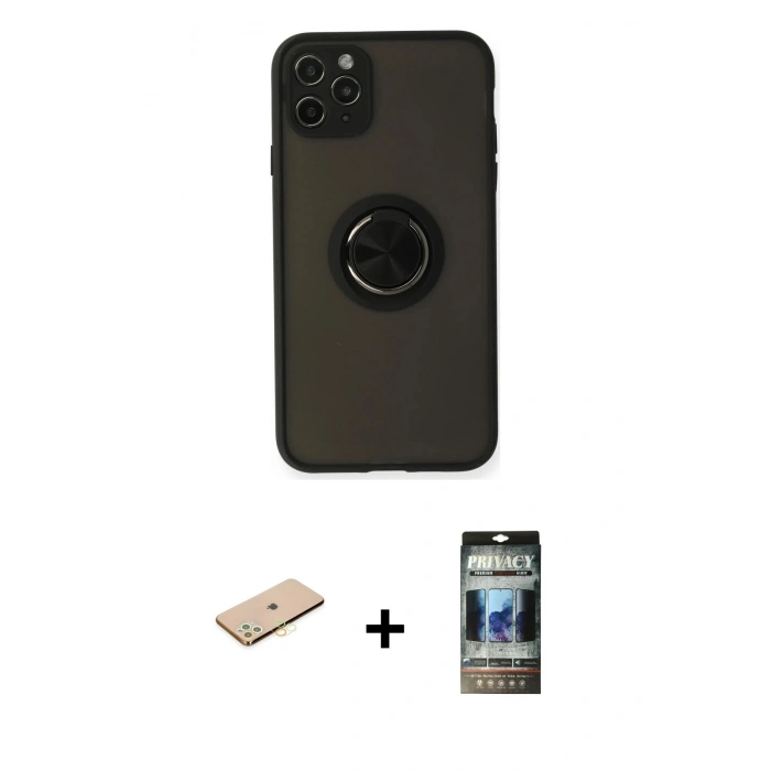 MARSİLYAN™- iPhone 11 Pro Kılıf Yörünge Çizgi - Siyah 34D Hayalet Izgaralı Cam + Renkli Kamera Lens Koruma Cam - PE