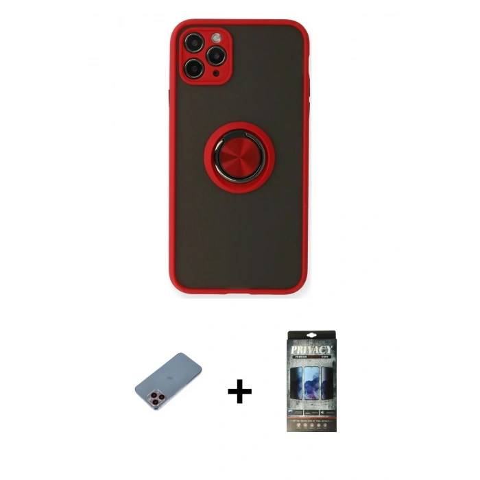 MARSİLYAN™- iPhone 11 Pro Kılıf Yörünge Çizgi - Siyah 34D Hayalet Izgaralı Cam + Shine Kamera Lens Koruma Cam - PE