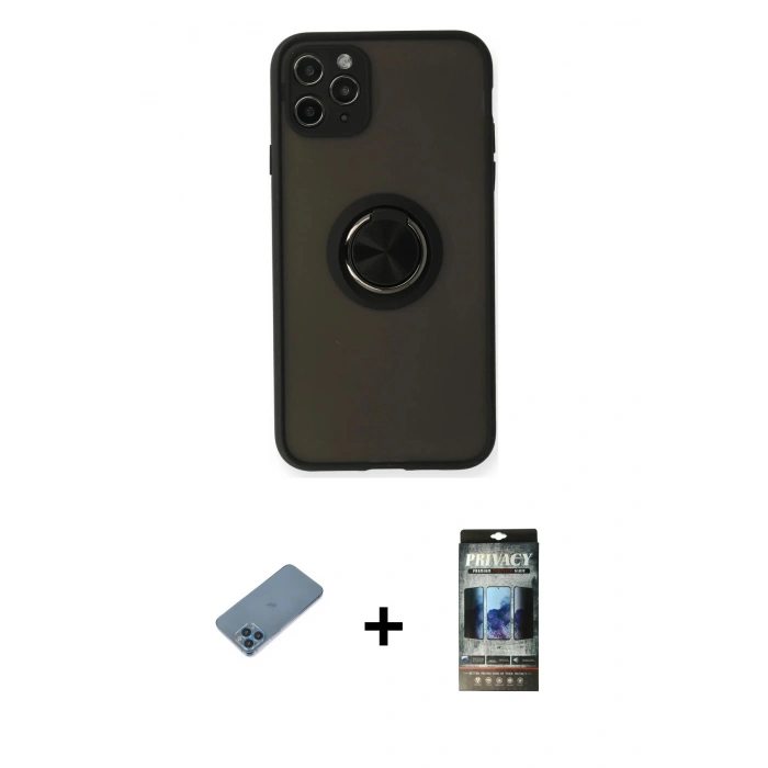 MARSİLYAN™- iPhone 11 Pro Kılıf Yörünge Çizgi - Siyah 34D Hayalet Izgaralı Cam + Shine Kamera Lens Koruma Cam - MI
