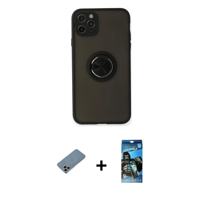 MARSİLYAN™- iPhone 11 Pro Kılıf Yörünge Çizgi - Siyah 34D Izgaralı Cam + Shine Kamera Lens Koruma Cam - GI