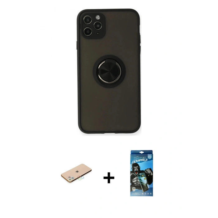 MARSİLYAN™- iPhone 11 Pro Kılıf Yörünge Çizgi - Siyah 34D Izgaralı Cam + Renkli Kamera Lens Koruma Cam - MI