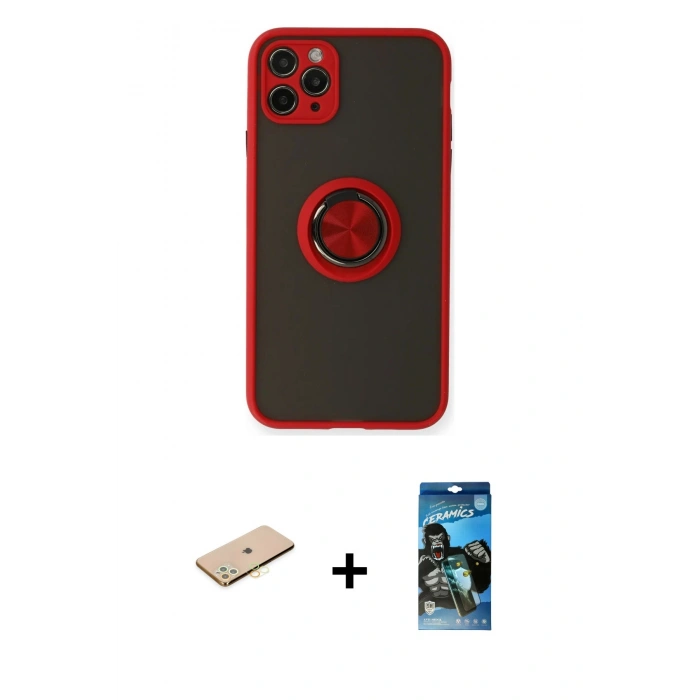 MARSİLYAN™- iPhone 11 Pro Kılıf Yörünge Çizgi - Siyah 34D Izgaralı Cam + Renkli Kamera Lens Koruma Cam - SI