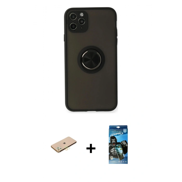 MARSİLYAN™- iPhone 11 Pro Kılıf Yörünge Çizgi - Siyah 34D Izgaralı Cam + Renkli Kamera Lens Koruma Cam - SI