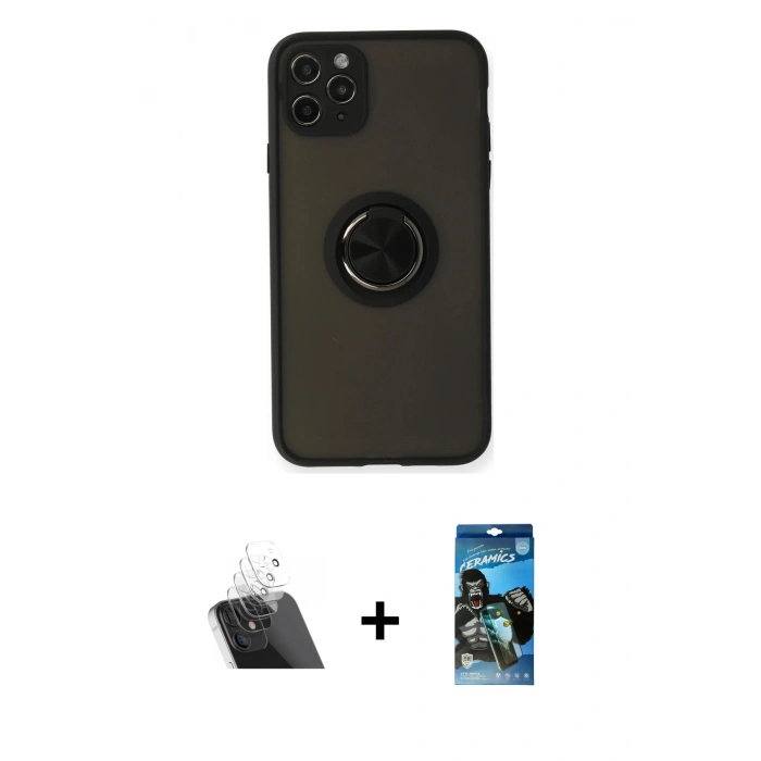 MARSİLYAN™- iPhone 11 Pro Kılıf Yörünge Çizgi - Siyah 34D Izgaralı Cam + Kamera Lens Koruma Cam - SF