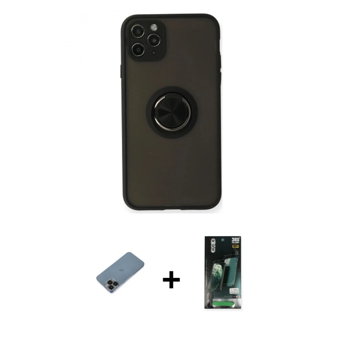 MARSİLYAN™- iPhone 11 Pro Kılıf Yörünge Çizgi - Siyah 360 Mat Full Body Arka Koruyucu + Shine Kamera Lens Koruma Cam - SH