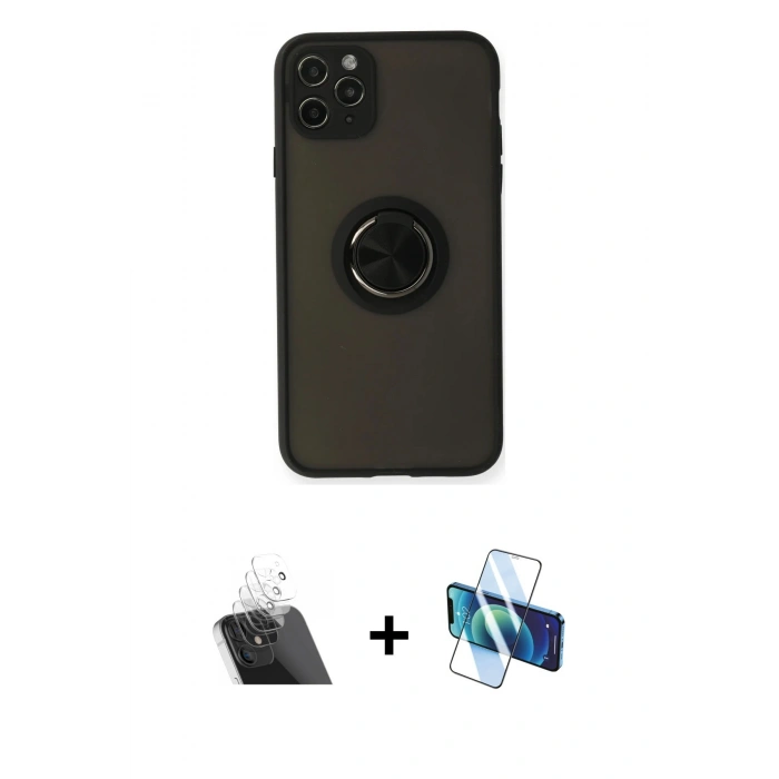 MARSİLYAN™- iPhone 11 Pro Kılıf Yörünge Çizgi - Siyah 3D Antistatik Cam Ekran Koruyucu + Kamera Lens Koruma Cam - SF