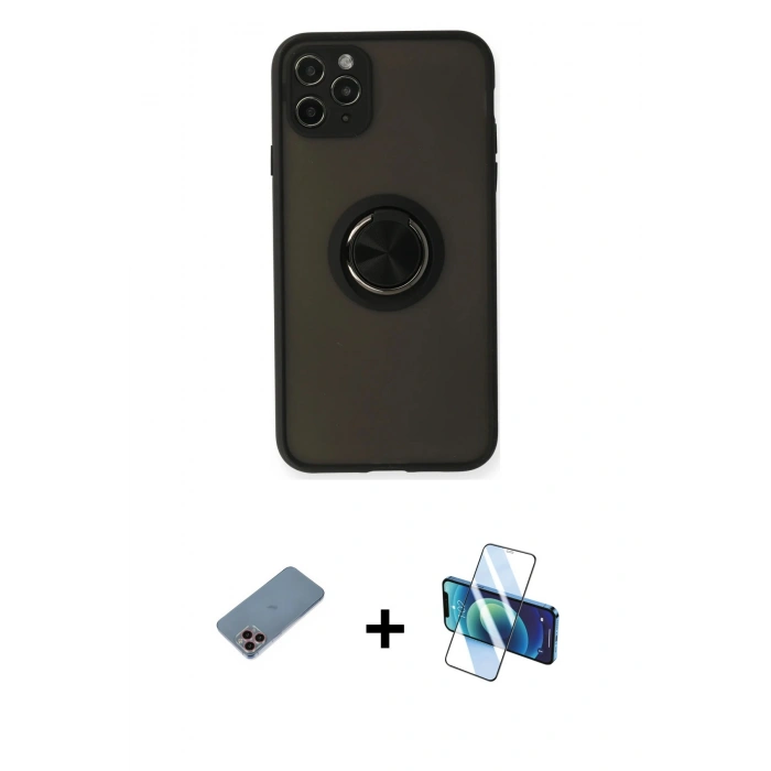 MARSİLYAN™- iPhone 11 Pro Kılıf Yörünge Çizgi - Siyah 3D Antistatik Seramik Nano Ekran Koruyucu + Shine Kamera Lens Koruma Cam - PE