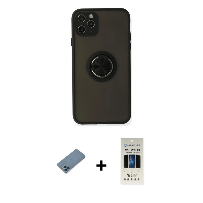 MARSİLYAN™- iPhone 11 Pro Kılıf Yörünge Çizgi - Siyah 5D Hayalet Cam Ekran Koruyucu + Shine Kamera Lens Koruma Cam - MI