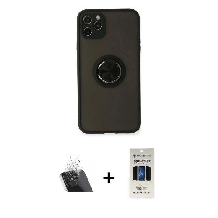 MARSİLYAN™- iPhone 11 Pro Kılıf Yörünge Çizgi - Siyah 5D Hayalet Cam Ekran Koruyucu + Kamera Lens Koruma Cam - SF