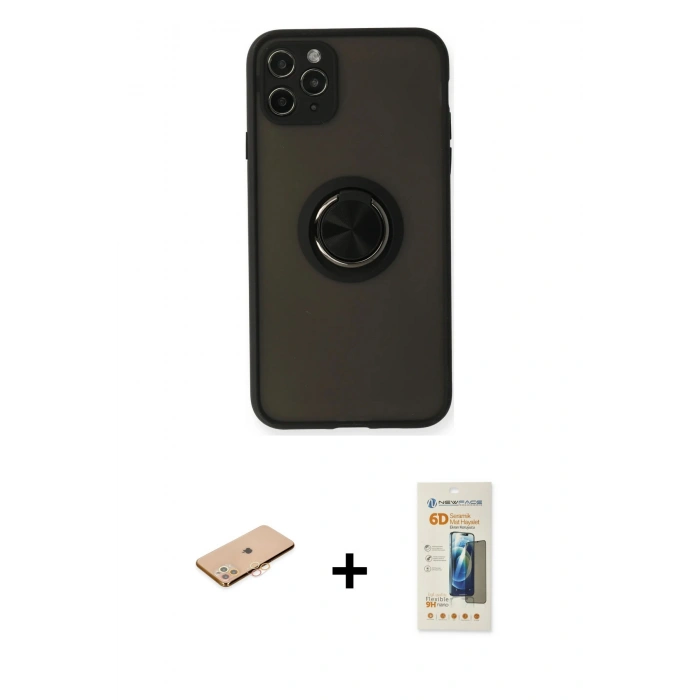 MARSİLYAN™- iPhone 11 Pro Kılıf Yörünge Çizgi - Siyah 6D Mat Seramik Hayalet Nano Ekran Koruyucu + Renkli Kamera Lens Koruma Cam - TU
