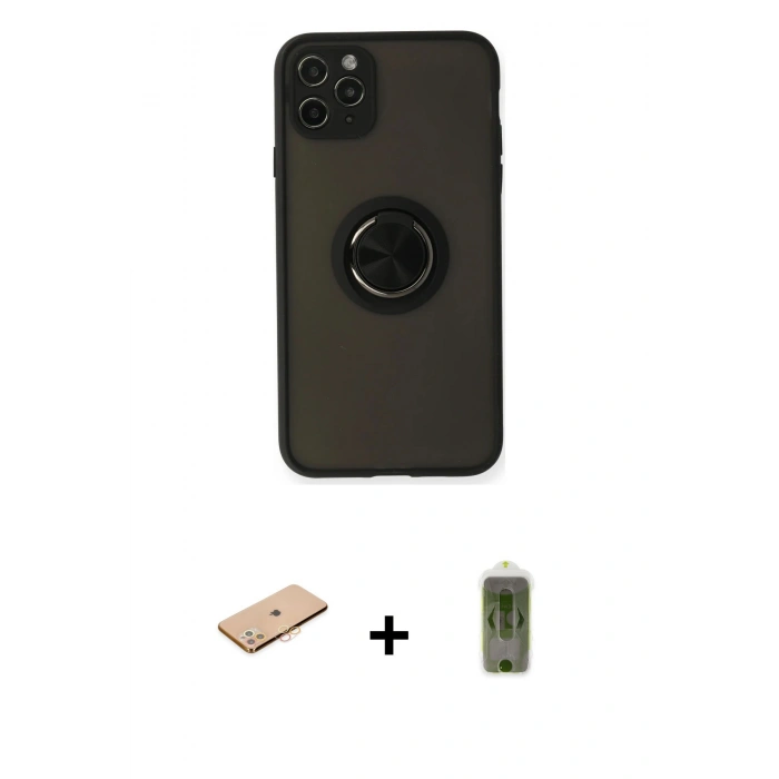 MARSİLYAN™- iPhone 11 Pro Kılıf Yörünge Çizgi - Siyah Joko Magic 5D Hayalet Cam + Turuncu Renkli Kamera Lens Koruma Cam