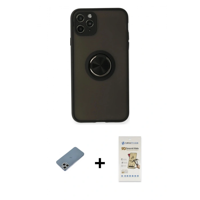MARSİLYAN™- iPhone 11 Pro Kılıf Yörünge Çizgi - Siyah Mat Seramik Nano Ekran Koruyucu + Shine Kamera Lens Koruma Cam - GS