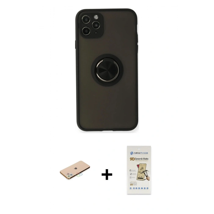 MARSİLYAN™- iPhone 11 Pro Kılıf Yörünge Çizgi - Siyah Mat Seramik Nano Ekran Koruyucu + Renkli Kamera Lens Koruma Cam - MI