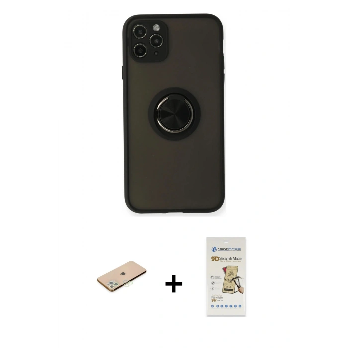 MARSİLYAN™- iPhone 11 Pro Kılıf Yörünge Çizgi - Siyah Mat Seramik Nano Ekran Koruyucu + Renkli Kamera Lens Koruma Cam - YL