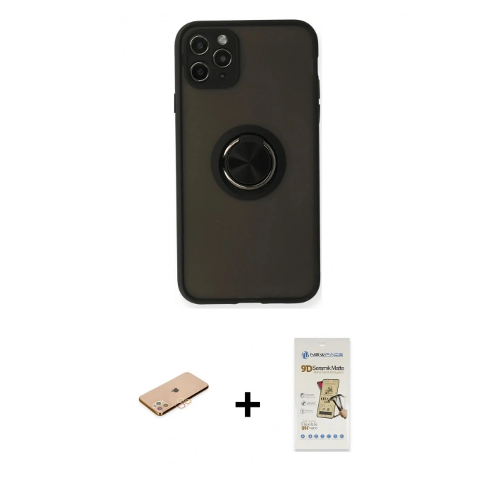 MARSİLYAN™- iPhone 11 Pro Kılıf Yörünge Çizgi - Siyah Mat Seramik Nano Ekran Koruyucu + Renkli Kamera Lens Koruma Cam - TU