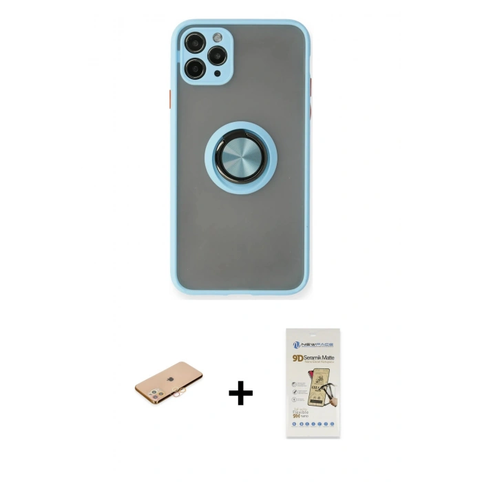 MARSİLYAN™- iPhone 11 Pro Kılıf Yörünge Çizgi - Siyah Mat Seramik Nano Ekran Koruyucu + Renkli Kamera Lens Koruma Cam - TU