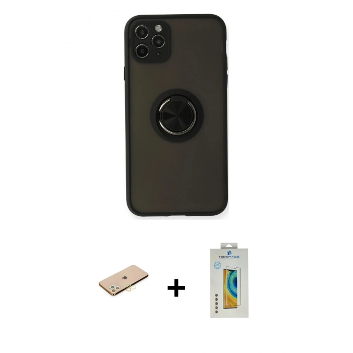 MARSİLYAN™- iPhone 11 Pro Kılıf Yörünge Çizgi - Siyah Polymer Nano Ekran Koruyucu + Renkli Kamera Lens Koruma Cam - PE