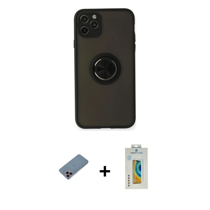 MARSİLYAN™- iPhone 11 Pro Kılıf Yörünge Çizgi - Siyah Polymer Nano Ekran Koruyucu + Shine Kamera Lens Koruma Cam - PE