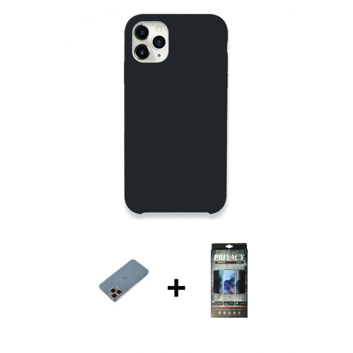 MARSİLYAN™- iPhone 11 Pro Kılıf Zirve Modern Özel Seri - Siyah 34D Hayalet Izgaralı Cam + Shine Kamera Lens Koruma Cam - PE