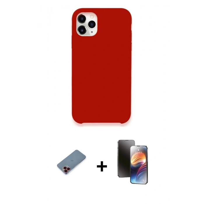 MARSİLYAN™- iPhone 11 Pro Kılıf Zirve Modern Özel Seri - Siyah 3D Antistatik Mat Seramik Nano Ekran Koruyucu + Kırmızı Metal Kamera Lens Koruma Cam