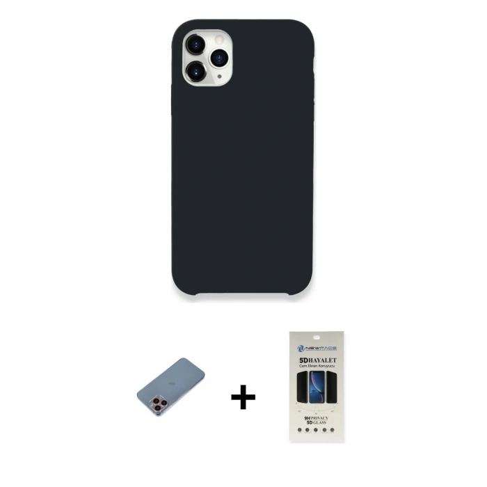MARSİLYAN™- iPhone 11 Pro Kılıf Zirve Modern Özel Seri - Siyah 5D Hayalet Cam Ekran Koruyucu + Shine Kamera Lens Koruma Cam - PE