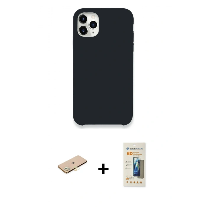 MARSİLYAN™- iPhone 11 Pro Kılıf Zirve Modern Özel Seri - Siyah 6D Mat Seramik Hayalet Nano Ekran Koruyucu + Renkli Kamera Lens Koruma Cam - SI