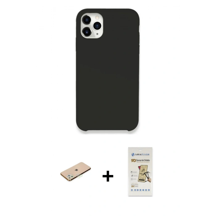 MARSİLYAN™- iPhone 11 Pro Kılıf Zirve Modern Özel Seri - Siyah Mat Seramik Nano Ekran Koruyucu + Renkli Kamera Lens Koruma Cam - YL
