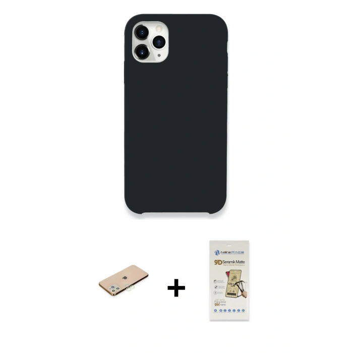 MARSİLYAN™- iPhone 11 Pro Kılıf Zirve Modern Özel Seri - Siyah Mat Seramik Nano Ekran Koruyucu + Renkli Kamera Lens Koruma Cam - YL