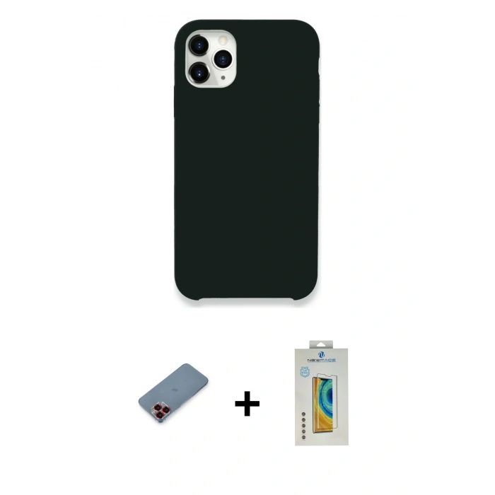 MARSİLYAN™- iPhone 11 Pro Kılıf Zirve Modern Özel Seri - Siyah Polymer Nano Ekran Koruyucu + Metal Kamera Lens Koruma Cam - KI
