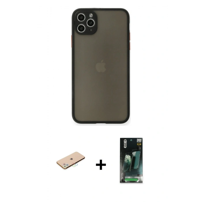 MARSİLYAN™- iPhone 11 Pro Max Kılıf Ahenk Çizgi Serisi - Şeffaf 360 Full Body Arka Koruyucu + Mavi Renkli Kamera Lens Koruma Cam