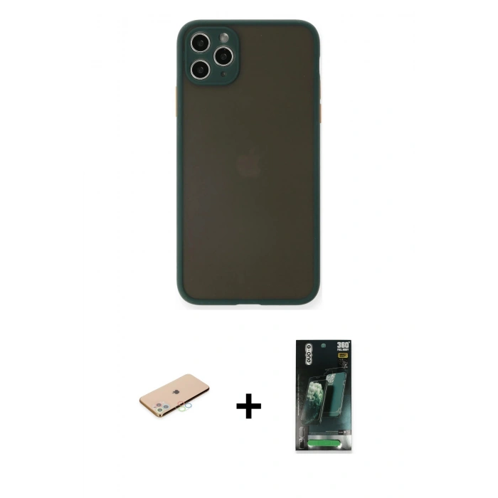 MARSİLYAN™- iPhone 11 Pro Max Kılıf Ahenk Çizgi Serisi - Şeffaf 360 Full Body Arka Koruyucu + Mavi Renkli Kamera Lens Koruma Cam