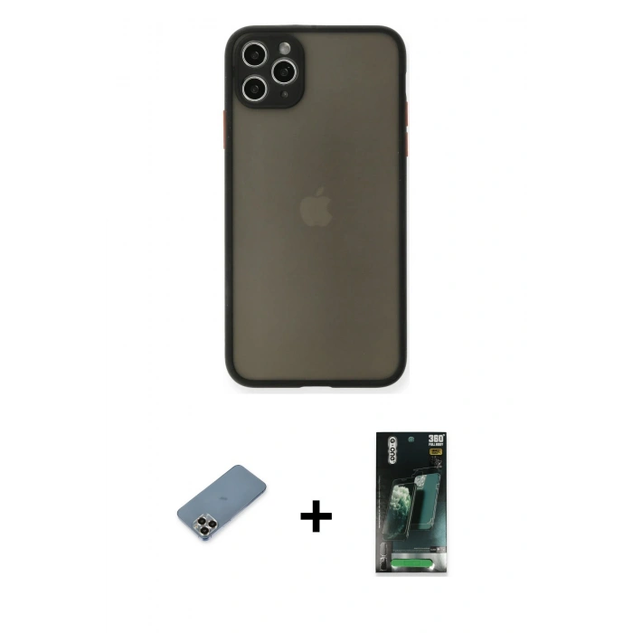 MARSİLYAN™- iPhone 11 Pro Max Kılıf Ahenk Çizgi Serisi - Şeffaf 360 Full Body Arka Koruyucu + Metal Kamera Lens Koruma Cam - GD