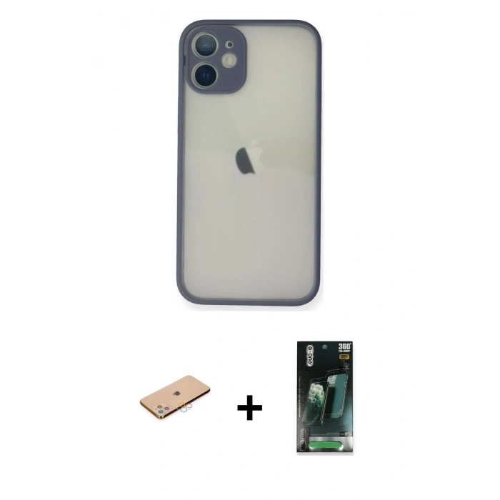 MARSİLYAN™- iPhone 11 Pro Max Kılıf Ahenk Çizgi Serisi - Şeffaf 360 Full Body Arka Koruyucu + Pembe Renkli Kamera Lens Koruma Cam