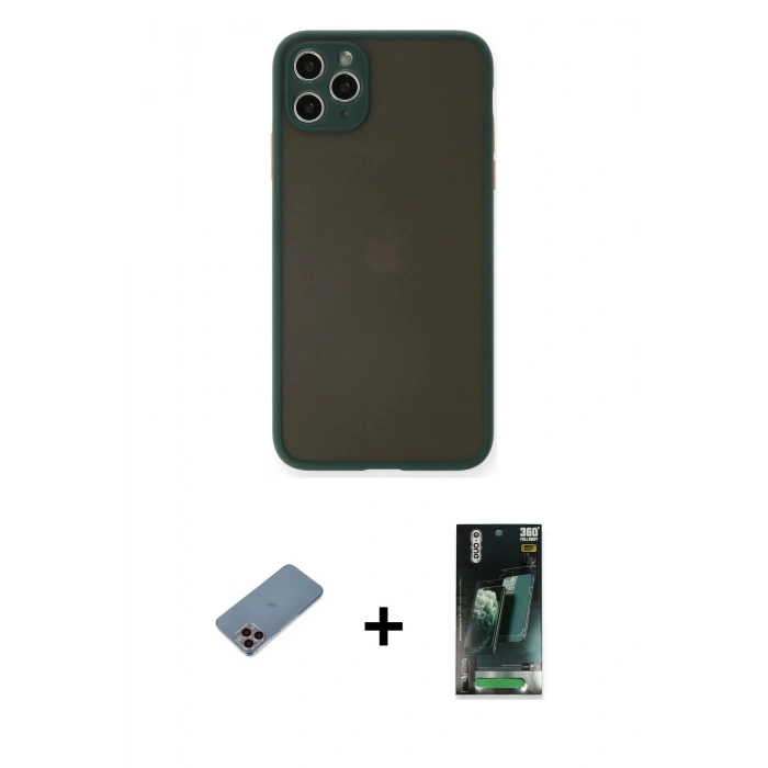 MARSİLYAN™- iPhone 11 Pro Max Kılıf Ahenk Çizgi Serisi - Şeffaf 360 Full Body Arka Koruyucu + Shine Kamera Lens Koruma Cam - PE